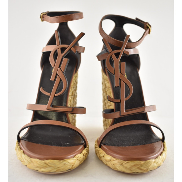 Saint Laurent YSL Logo Cassandra 105 Ankle Strap Espadrille Wedge Sandal Heel 41 - Picture 10 of 16